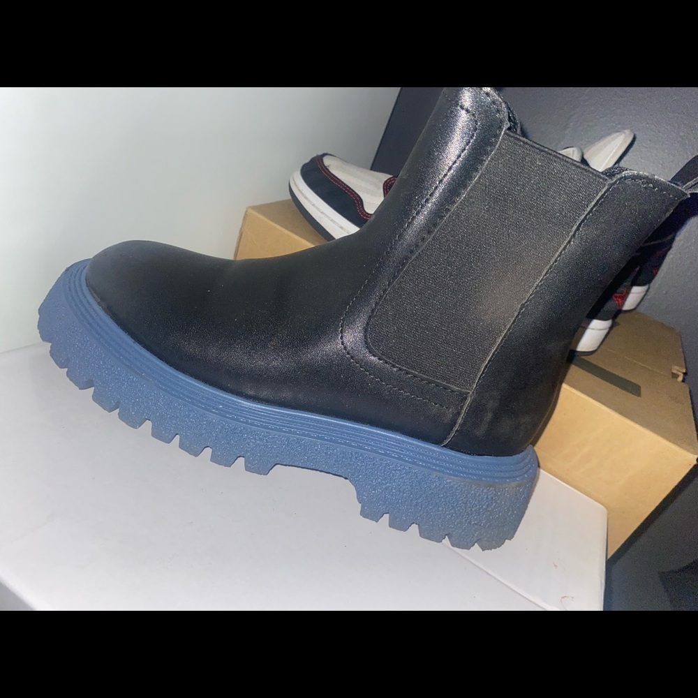 SHEIN slip on ankle boots, with blue rubber bottom
